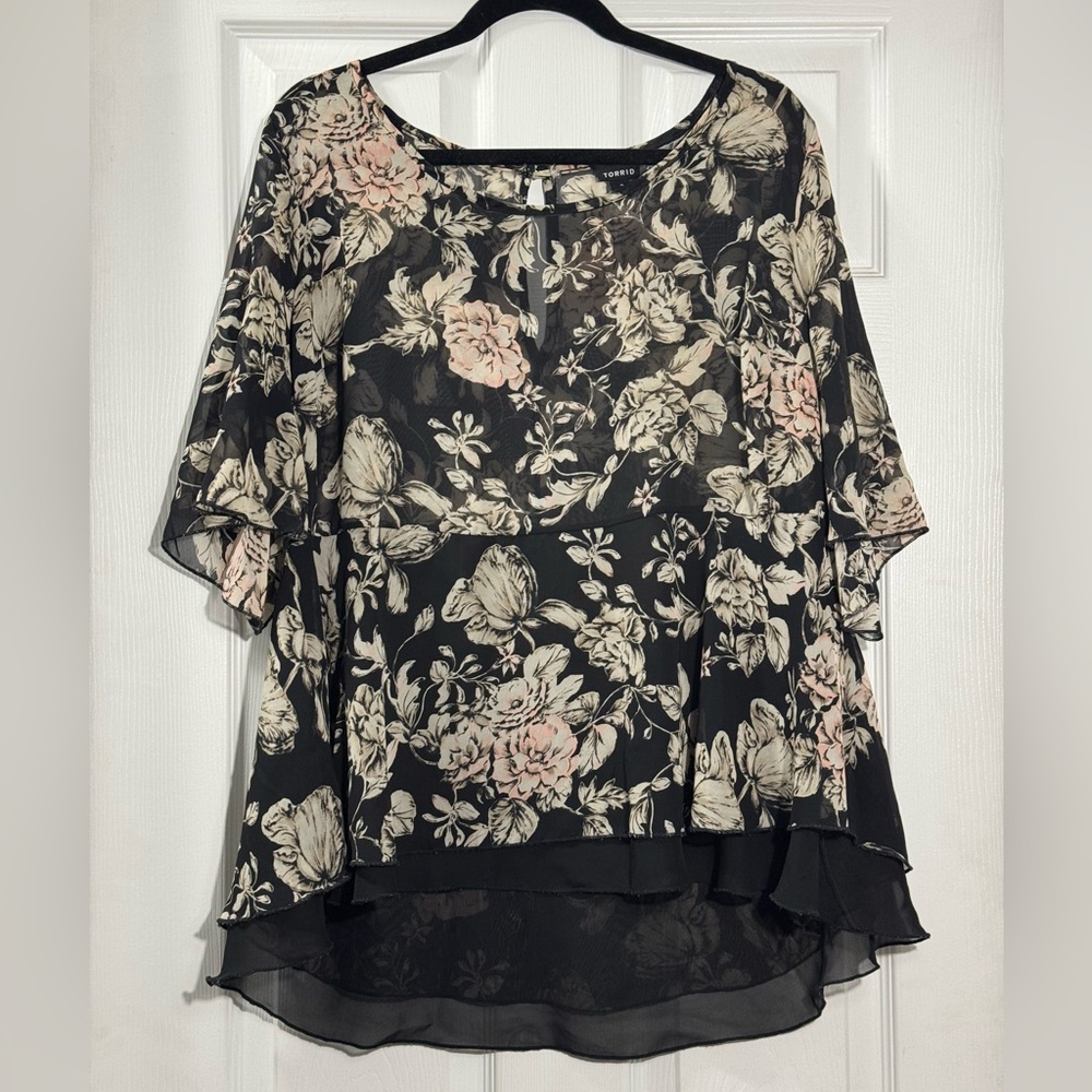 Torrid Black Floral Chiffon Blouse 2X Flowy Sheer Boho Top
